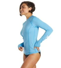 HURLEY Women's OAO Solid Long Sleeve Zip Front Rashguard -Swimming Shops 7405431324840 skyblue 4a