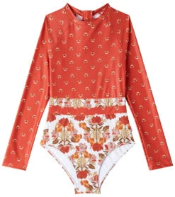 Seafolly Girls' Papillon Splice Long Sleeve One Piece Swimsuit (Big Kid)