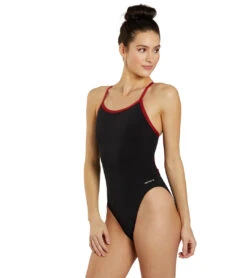 HydroLast Piped Thin Strap One Piece Swimsuit -Swimming Shops 7595852628136 blackmaroon 4a